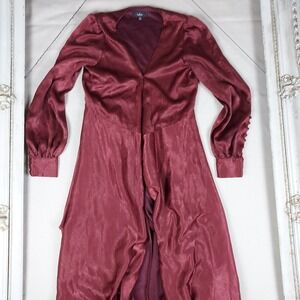 Lulus Burgundy Satin Maxi Dress Long Sleeve Deep V Tie Back Formal